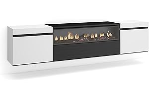 Skraut Home | Mobile TV Soggiorno | Ampio spazio a disposizione | 200x45x35cm | Per TV fino a 80" | Camino elettrico | Sospeso, da appendere | Stile moderno | Bianco e nero
