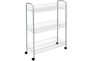 Metaltex Slim Deluxe 3-Tier Trolley with Wheels - Multipurpose Storage Cart for Smaller Spaces in the Home including Kitchen, Bathroom, Office and Garage - Polytherm Metallic, 56 x 23 x 84 Centimetres