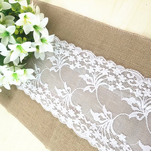 PsmGoods® Rustic Burlap Lace Hessischen Tischläufer Natürliche Jute für Hochzeits-Festival Ereignis Tischdekoration 12×108 „Weiße Spitze- - 8