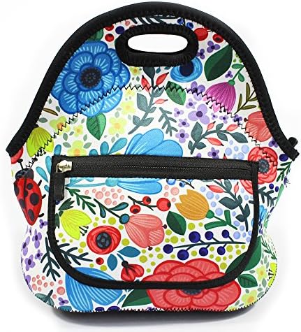 MangGou Floral Pattern Lunch Bgas with Side Pocket Zipper Closure Waterproof Neoprene Reusable Insulated Lunch Boxes for Women Teen Girls Lunch Bag Box Tote for School Work Office Picnic Travel