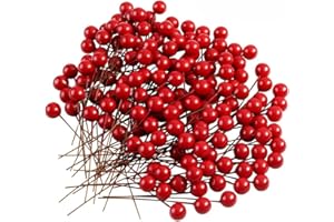 FS-PINGXIANG 200pcs Artificial Red Cherry Christmas Berry Decorations Holly Berries Xmas Tree Wreath Hanging Ornaments Holiday Festival Artificial Fruits Decor DIY