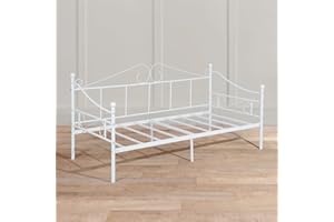FetiNes Klassisch Tagesbett Gästebett Bettrahmen Einzelbett Metallbett Bettsofa mit Lattenrost für Schlafzimmer Wohnzimmer passend für 90 * 190 cm Matratze, Weiß