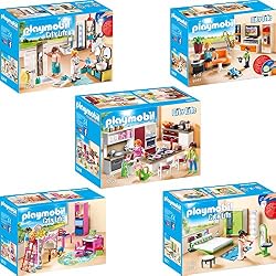 Playmobil City Life Set en 5 parties 9267 9268 9269 9270 9271 Soggiorno con mobile TV + Bagno accessoriato + Grande Cucina Attrezzata + Cameretta + Camera da letto