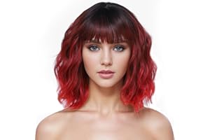 PARXITN Peluca corta Bob con flequillo Peluca natural Negro Rojo Pelo sintético Colorido Fiesta diaria Halloween Cosplay Pelucas rizadas onduladas para mujeres