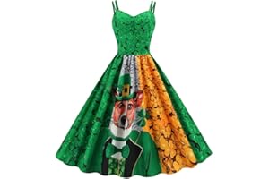 ARESTORY Womens St Patricks Day Fancy Dress GreenClover Shamrock Dress Irish Lady Luscious Leprechaun Costume Casual Evening Party Prom Swing Dress Vintage Dresses Rockabilly Halter Skirt 41 Colors Gift