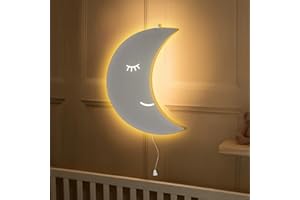 MARCO PAUL INTERIORS Marco Paul Moon - Lámpara de noche de madera blanca montada en la pared, iluminación de habitación de bebé, niños, lámpara de pared para dormitorio, lámpara de mesita de noche, luna creciente