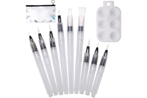 ZITFRI LAOYE 9 Pcs Pinceles Acuarela 3 Tamaños Set Profesional, Rotuladores Acuarelables Pincel con Deposito de Agua, 9 Puntas Variadas, Pinceles Recargables con Paleta Mezcla de Pintura