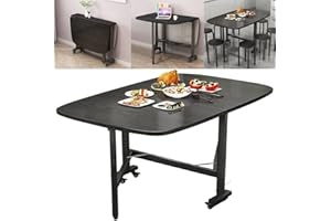 Rukulin Multifunction Table Drop Leaf Dining Table - 120cm Solid Wooden Foldable Kitchen Table with 6 Wheels