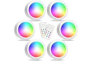 PURSNIC Under Cabinet Lights, RGB Wireless LED Puck Lights, Dimmable Night Lights with Battery Powered Remote Control, Colorful Party Atmosphere Light for Kitchen Closet Counter Wall Indoor, 6 Pack
