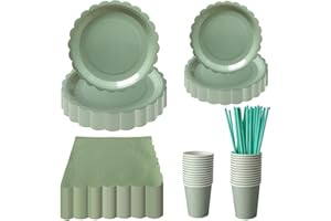 PHUNAT Sage Green Paper Plates Napkins Cups Set, 125PCS Sage Green Party Tableware Set, Baby Shower Plates Cups and Napkins, Sage Green Party Supplies for Table Decoration