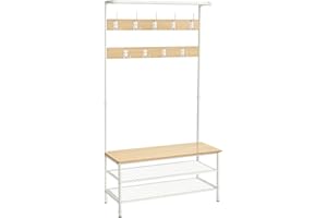 VASAGLE Coat Rack Stand, Large Hall Tree with Bench and Shoe Storage, 9 Hooks, Shoe Rack, Hanging Rail, 41.5 x 100 x 182 cm, for Hallway, Living Room, Bedroom, Oak and White HSR047W09