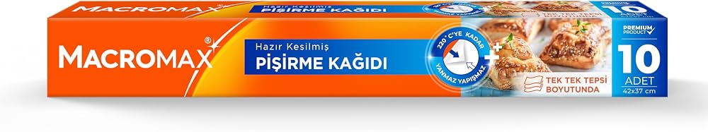 Macro Max Hazır Kesilmiş Pişirme Kağıdı 10 Adet, Standart Fırın Tepsisi Boyutu (42x37 cm)