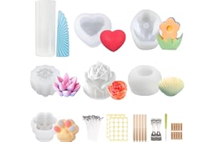 JJKOL 7 Pièces Moule Bougie Silicone, 3D DIY Moule Silicone à Bougie, pour Fabrication de Bougies Parfumées, Savons, Décorations, Avec 50 Mèches, 40 Autocollants, 10 Étiquette 7 Supports et 1 Poinçon