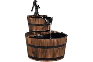 ‎GOPLUS GOPLUS Holzfass-Brunnen mit Hochleistungspumpe, Springbrunnen aus Tannenholz, Wasserspiel im Freien für Garten, Terrasse,Rasen, Geschlossener Wasserkreislauf, 44,5 x 44,5 x 61cm (L x B x H)