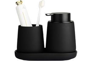 UMLACA Black Bathroom Accessory Set - 3 pcs Ceramic Bathroom Soap Dispenser Set Farmhouse Bathroom Counter Decor Set Accessories, Soap Dispenser and Toothbrush Holder, Tray (Liquid Pump)