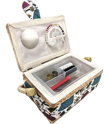 Caja Costura Decorativa De Madera Con Set De Costura Y Asa "Flores Y
