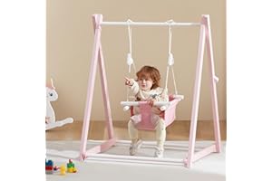 FUNLIO Altalena pieghevole in legno per bambini da 6 a 36 mesi. Realizzata in pino resistente, portatile con 4 sacchi di sabbia e cinghie di estensione. Per uso Interno/Esterno - Rosa