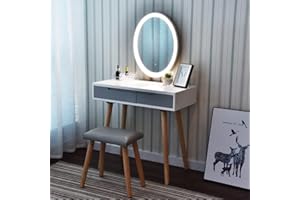YU YUSING Toeletta, Tavolo da Trucco con Luce LED Regolabile e Specchio Ovale, Toeletta da Trucco Moderna con Sgabello, 2 Cassetti, 4 Scomparti
