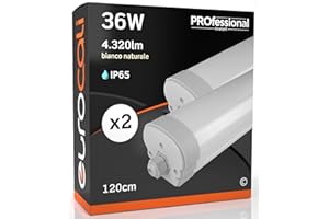 Eurocali 2x Plafoniere LED 36W 120cm Impermeabile IP65 4320 lumen - Forma: Tubo - Luce Bianco Naturale 4000K - Fascio Luminoso 120°