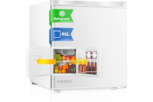 FOHERE Mini Frigo Bar 46L, Frigorifero Piccolo, Silenzioso, Temperatura Regolabile, Porta Reversibile, Ripiani Rimovibili, Per applicazioni in Hotel, Casa, Ufficio, B&B, Bianco