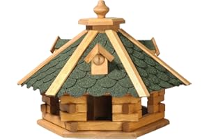 dobar® 98720e Vogelfutterhaus Bitumenschindeldach 6-eckig - Vogelhaus aus Massivholz - Vogelfutterstation mit Futtersilo - 6-eckige Vogelvilla - 51 x 45 x 37 cm - Grün