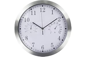 TIMELIKE Orologio da parete al quarzo in metallo, 30,5 cm, moderno, silenzioso, senza ticchettio, con termometro misura temperatura, umidità, per cucina, soggiorno, camera da letto, ufficio (argento)