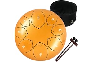 Amkoskr Tamburo in Acciaio a 8 Pollici 20 cm, Steel Tongue Drum, C Major 8 Note, Tamburo Handpan, Strumento a Percussione con Bacchette per Tamburi e Borsa, Oro
