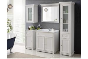 Lomadox Bad-Möbel Komplett Set 5-teilig ● Andersen Pine weiß im Landhausstil ● 80 cm Waschtischunterschrank inkl Keramikwaschbecken ● Spiegel, Hochschrank, Unterschrank und Hängeschrank