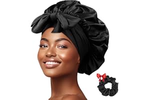 Ptrin Satin Haarhaube,1pcs Seidenhaube zum Schlafen,Nacht Bonnet, Schlafhaube aus Satin mit Gummiband Einstellbar,für Damen und Mädchen,Schwarz
