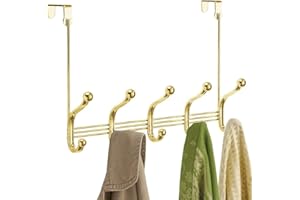 iDesign Perchero York Lyra con 5 ganchos dobles, perchero de puerta para chaquetas, bufandas, bolsos, toallas, etc. de metal, dorado, 39,37 x 13,34 x 27,94 cm