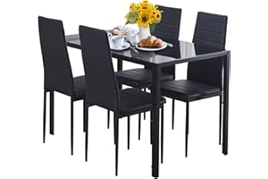 PAONNE 5 Pieces Black Dining Room Set with Rectangular Kitchen Table and 4 Chairs, Modern Black Glass Kitchen Table with Faux Leather Dining Chairs for Dinette/Restaurant