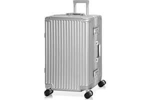 AnyZip Koffer Mittelgroß Hartschalen-Koffer PC ABS Aluminiumrahmen Reisekoffer 4 Metallecken zum Schutz Trolley mit 4 Rollen und TSA Schloss Kein Reißverschluss (Silber, L)