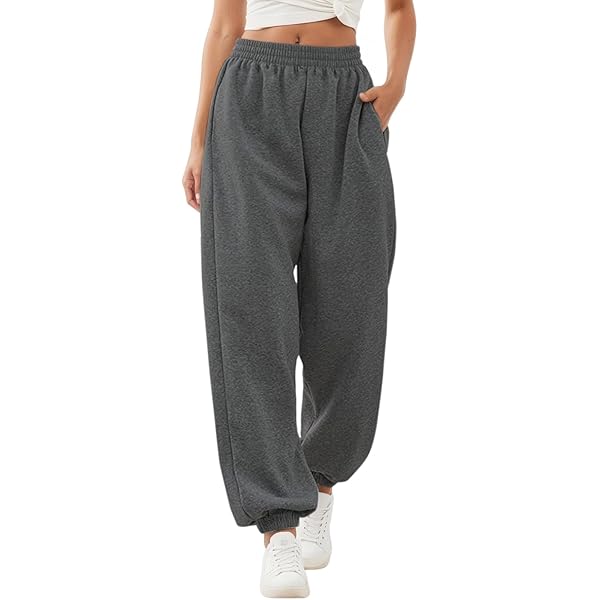 Jhsnjnr Joggingbroek voor dames, lang, comfortabele sweatbroek, hoge taille, trainingsbroek met zakken, vrije tijd, baggy sweatpants, sportbroek, grijs, L