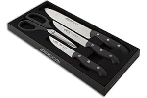 Arcos Juego de Cuchillos de Cocina cuatro piezas. 3 Cuchillos chef y 1 tijeras Acero Inoxidable y mango ergonómico polioximetileno para cortar carne, pescado y verduras. Serie Maitre. Color negro.