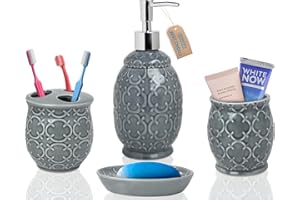 COMFIFY Set di accessori per il bagno - 4 forni Set da bagno in ceramica con dispenser per sapone liquido o lozione, portaspazzolino, bicchiere e portasapone - Set decorativo con dettagli in rilievo