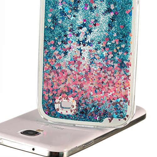 Für Samsung Galaxy S4 Hülle,Für Samsung Galaxy S4 Flüssigkeit Handyhülle,Funyye Luxus Luxuriös [Bunten Muster] Liebe Herzen Star Fließt Treibsand Durchsichtige Handytasche Glänzend Glitzer Diamond Diamant Fließen Flüssig Flüssigkeit Handyhülle Handy Hülle Case Tasche Crystal Case Durchsichtig Schutzhülle Etui Bumper Für Samsung Galaxy S4 + 1 x Frei Displayschutzfolie – Blau Glitter,Liebe Herzen - 5