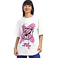 JUNEBERRY® 100% Pure Cotton Oversized Loose Baggy Fit Drop Shoulder Half Sleeve Round Neck Cool Front Teddy Printed Cork & White T-Shirt for Women/Girls (Available in from S to 2XL)