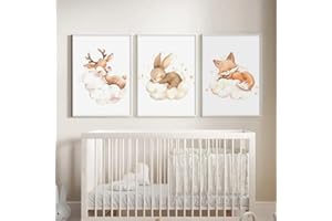 BEIYIHO 3 Affiches Animaux Chambre Bebe Poster Beige Nuages Lapin Renard Cerf Tableau Deco Enfant Fille Décoration Chambre Garcon Toile 30X40cm sans Cadre