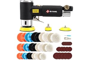 SI FANG 48Pcs Mini Random Orbital Air Sander Kit - 1'', 2'', 3'' High Speed Polisher for Auto Body Work - Includes Polishing Sponge & Wool Pads, Sandpapers (Black)
