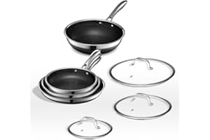 HexClad 7-częściowy hybrydowy zestaw naczyń kuchennych ze stali nierdzewnej z pokrywkami i wokiem – gotowy do indukcji, łatwy do czyszczenia, nieprzywierająca patelnia z pokrywkami