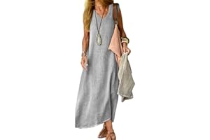 Juketron Vestidos de Verano 2024 para Mujer, Vestido Largo sin Mangas con Cuello en V, Vestidos de Playa de Color sólido, Vestido Informal Suelto de Lino y algodón