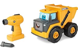 BUILD-A-BUDDY John Deere wywrotka zabawka z wiertłem zabawkowym, baterie AA w zestawie, zabawki do budowania STEM, zabawki budowlane dla dzieci w wieku od 18 miesięcy, żółta