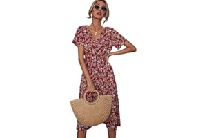 XIVISTO Robe Casual Fleurie Femme Ete Col en V Sexy Boheme Manches Courtes Elegant Mi-Longue Tunique Swing Robe Vintage Dress Vacances Plage