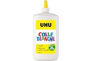 UHU colle blanche - Colle blanche multi matériaux, sans solvants, lavable à l'eau, spatule intégrée, bouteille souple de 480g