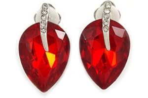 AVALAYA Ruby Red Faceted Glass Stone Leaf Clip On Earrings In Silver Tone - 23mm Tall