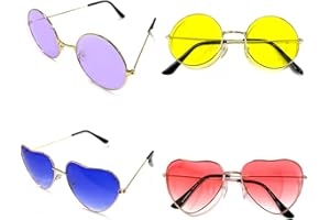 BEIIEB 4-pak okularów przeciwsłonecznych hipisowskich, w tym 2 okrągłe okulary (fioletowe, żółte) i 2 okulary w kształcie serca (różowe, niebieskie), stylowe zaciemniające okulary przeciwsłoneczne, akcesoria hipisowskie