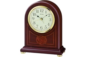 Seiko Dark Wooden Mantle/Mantel Quartz/Battery Clock, Cream Dial with Arabic Numbers & Alarm. Height 127mm QXE057B