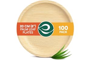 ECO SOUL 100 Disposable Palm Leaf Plates 8”(20cm) Round Bamboo Plate I Eco Friendly, Biodegradable, Compostable Heavy-Duty Plate, Wooden Plates for Party & Events I Microwave & Oven Safe
