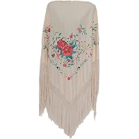 Foulard Ceinture Flamenco La Senorita - Broderie Fleurs Blanches Et Franges Dorées - 100% Polyester - 160x80cm