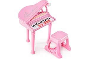 COSTWAY Piano Numérique 31 Touches pour Enfants avec Tabouret & Microphone, Piano Electronique Portable avec Mode d'Enseignement LED & MP3, Piano Enfants 3 Ans, Charge 50kg (31 Touches, Rose)